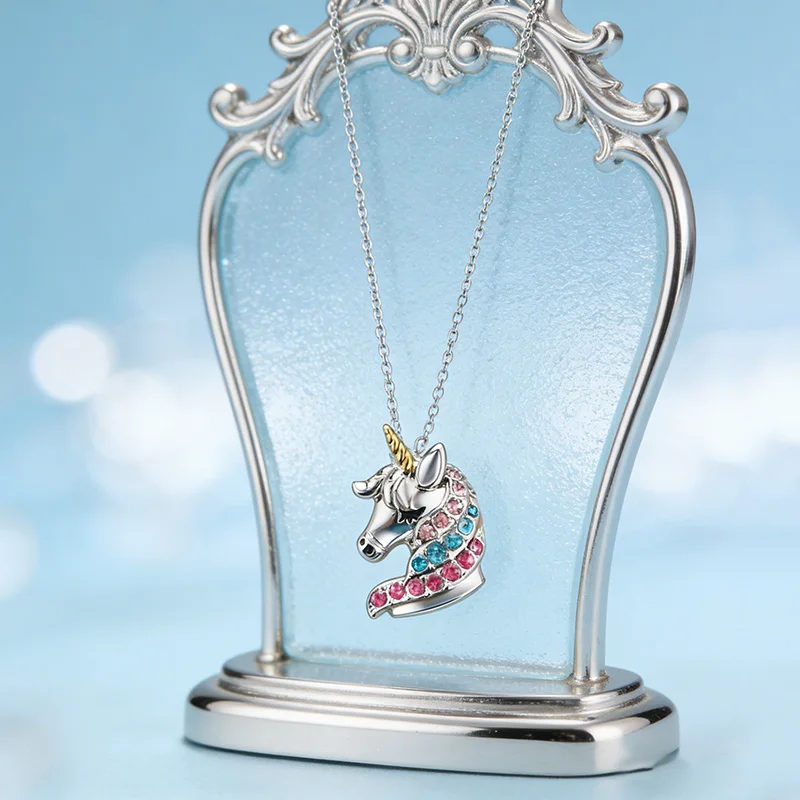Colored Rhinestone Unicorn Necklace Cartoon Horse Pendant Necklaces For Girls Boys Children Jewelry Gifts