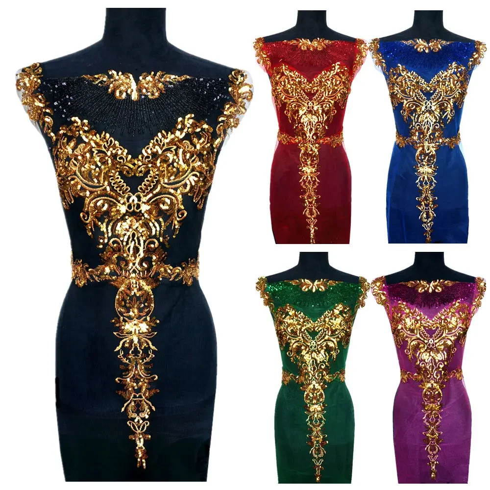 1 Set Gold Sequin Lace Fabric Black Red Blue White Tassel Mesh Noble Embroidered Wedding Gown Applique Patch For Dress Decor DIY