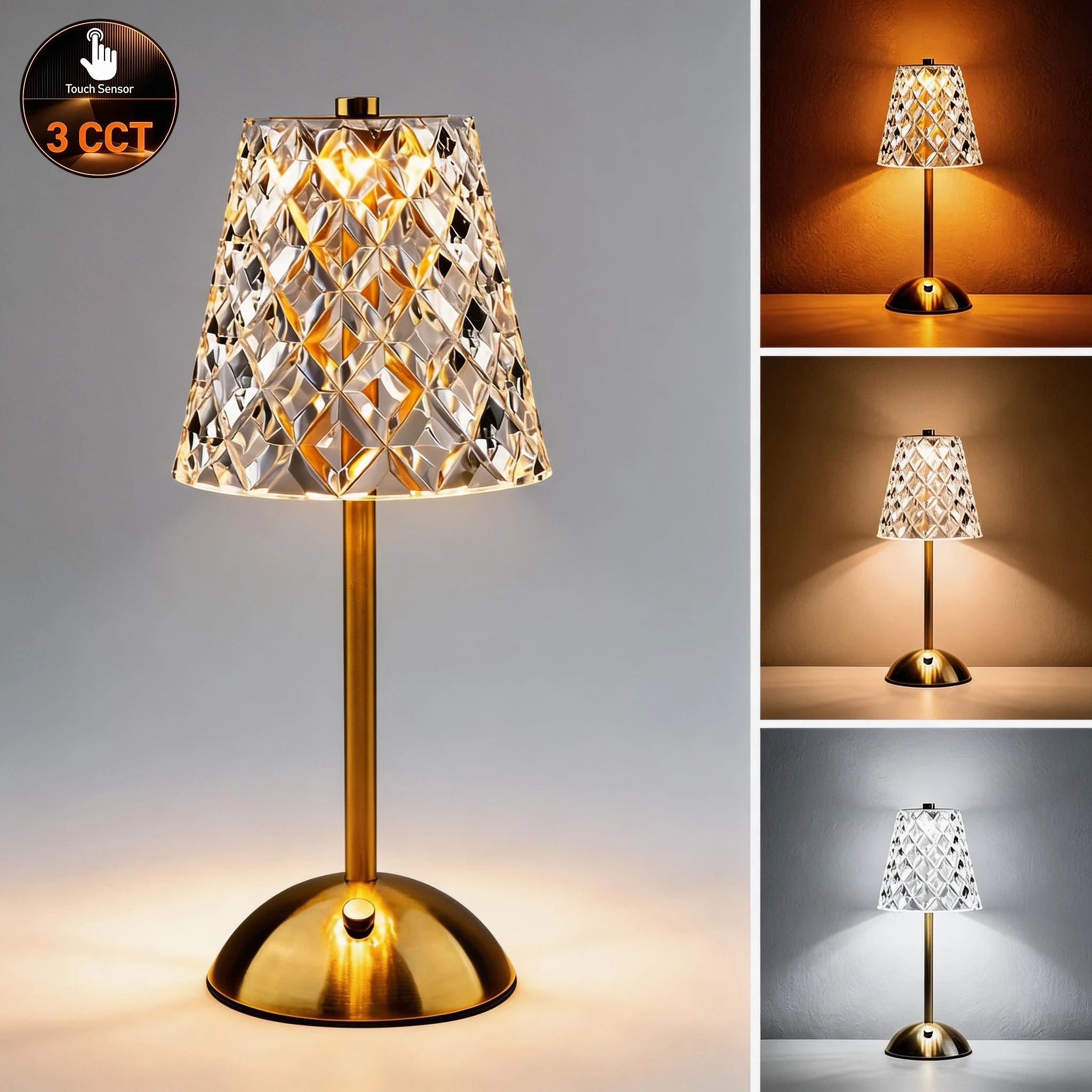 

Перезаряжаемая светодиодная хрустальная настольная лампа с 3 режимами цветовой температуры для обеденного стола, прихожей, декоративного освещения