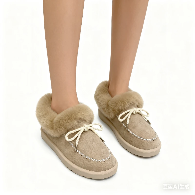 Zapatos de mujer con punta redonda y lazo, zapatos planos con forro polar, tendencia 2026 Y2k, novedad de invierno elegante y acolchada, botas de nieve calientes para mujer