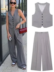 HH Women's Set Solid V-Neck Sleeveless Pockets Single Breasted Vest Tops+High Waist Pockets Zipper Pants Women Fashion Suits