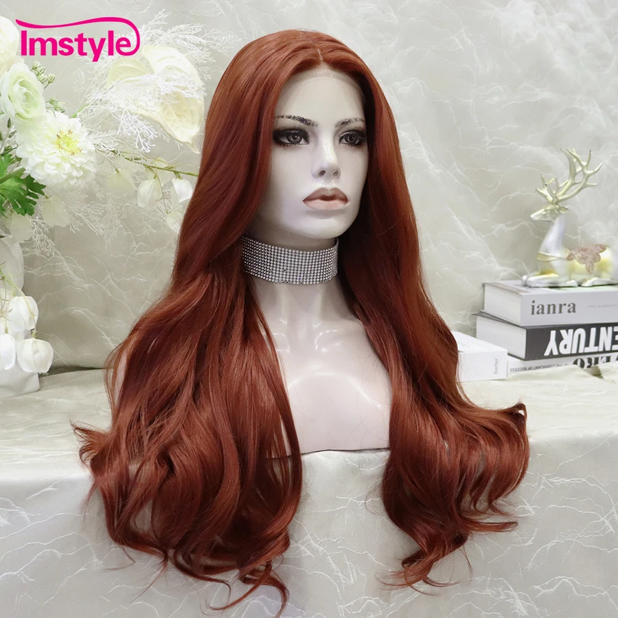 Imstyle Synthetic Lace Front Wig Ginger Lace Wigs For Women Cosplay Red Copper Long Natural Wavy Wig Heat Resistsant Fiber