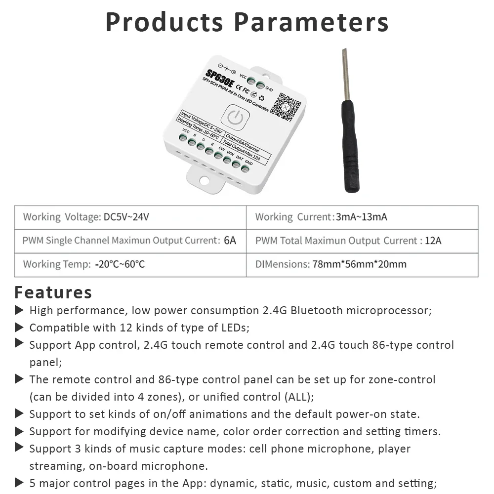 DC5V-24V SP630E All In One LED Controller SPI Pixels 5CH RGB RGBW RGBCCT PWM LED Light WS2811 5050 3528 FCOB 2.4G Remote Control