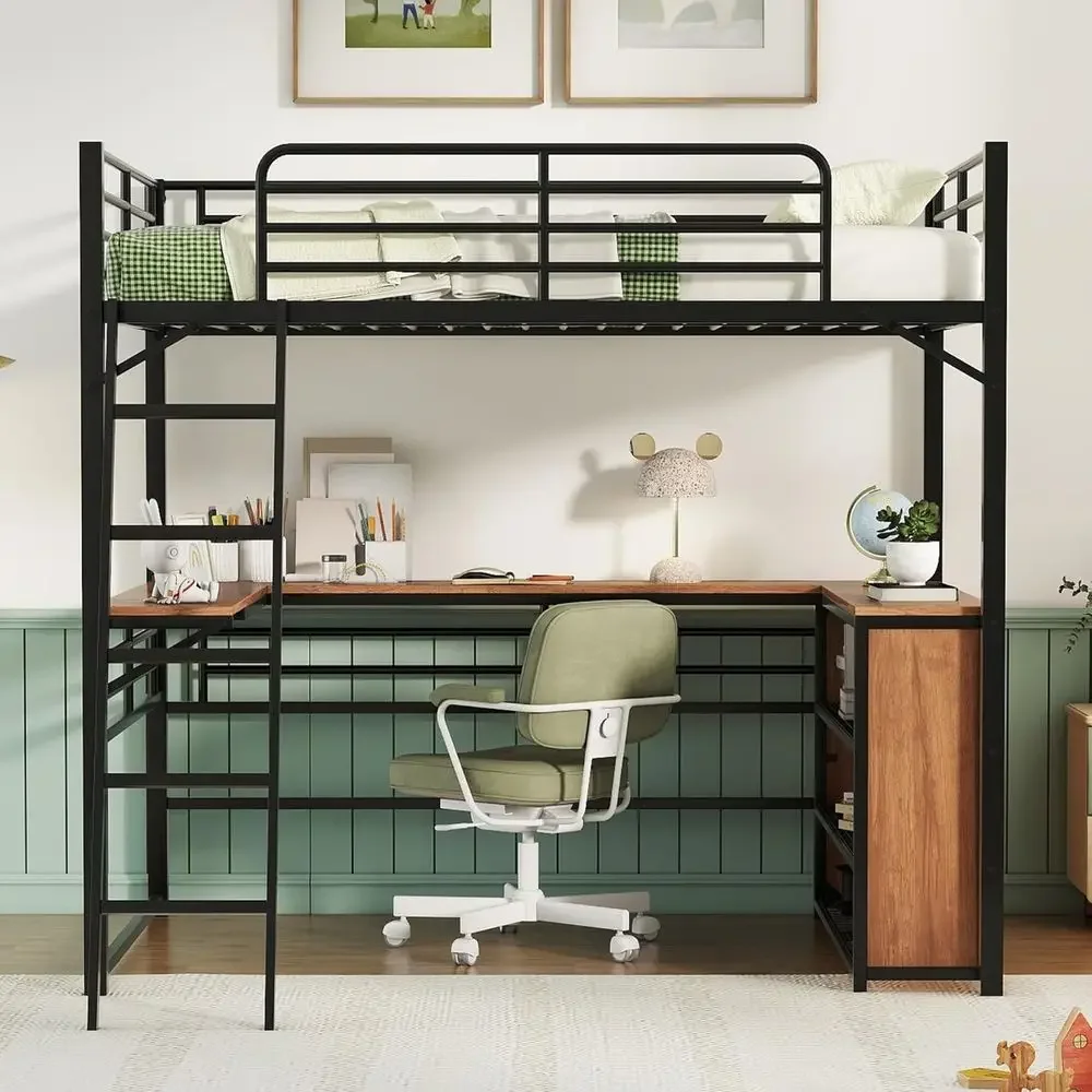 

Special Offer1- Ull Size Metal Lot Bed With 3 Layers O Shelves And L-Shaped Desk, Black