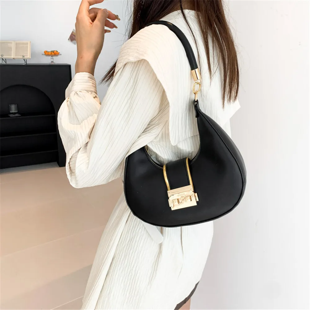 PU Leather Shoulder Bag for Women Simple and Fashionable Commuter Bag Retro Casual Armpit Bag 2024 New Niche Crescent Bag