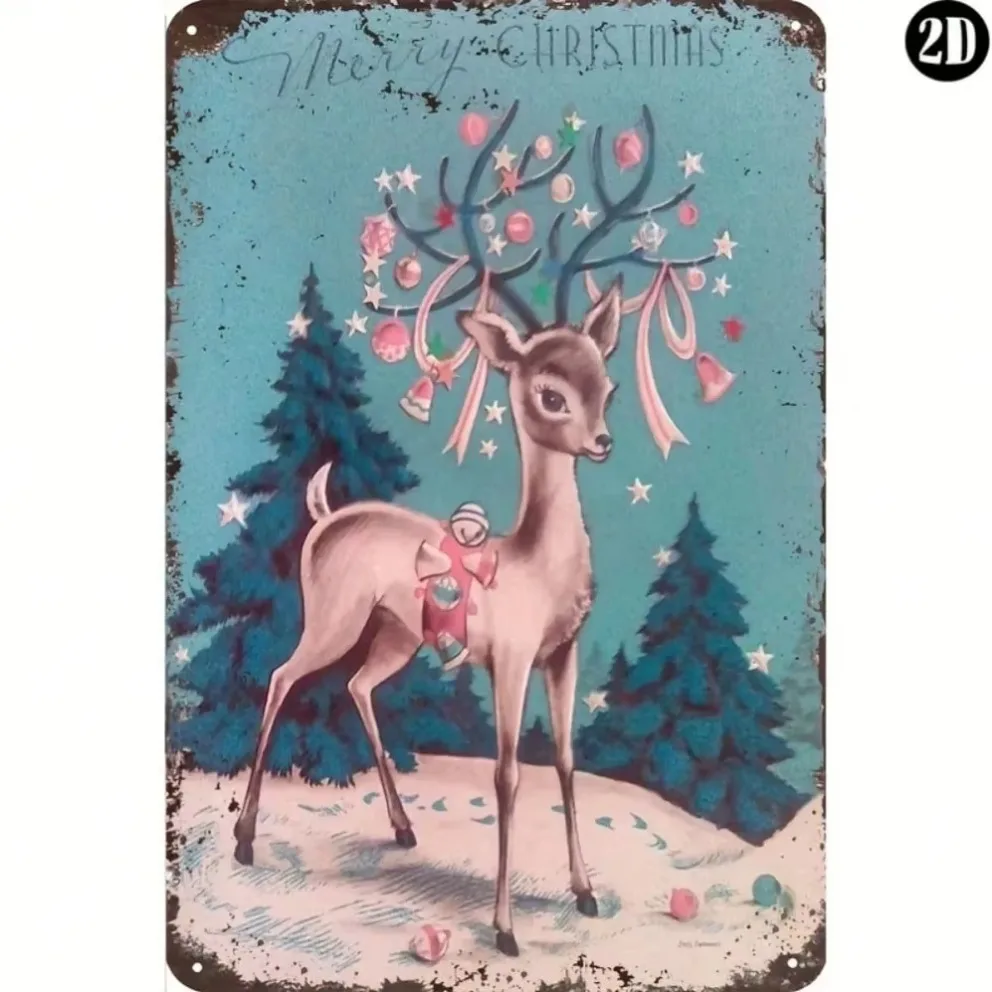 "علامة معدنية عتيقة لعيد الميلاد المجيد" - ديكور فني جداري مع سانتا والغزلان وشجرة عيد الميلاد؛ مثالية للمنازل والغرف