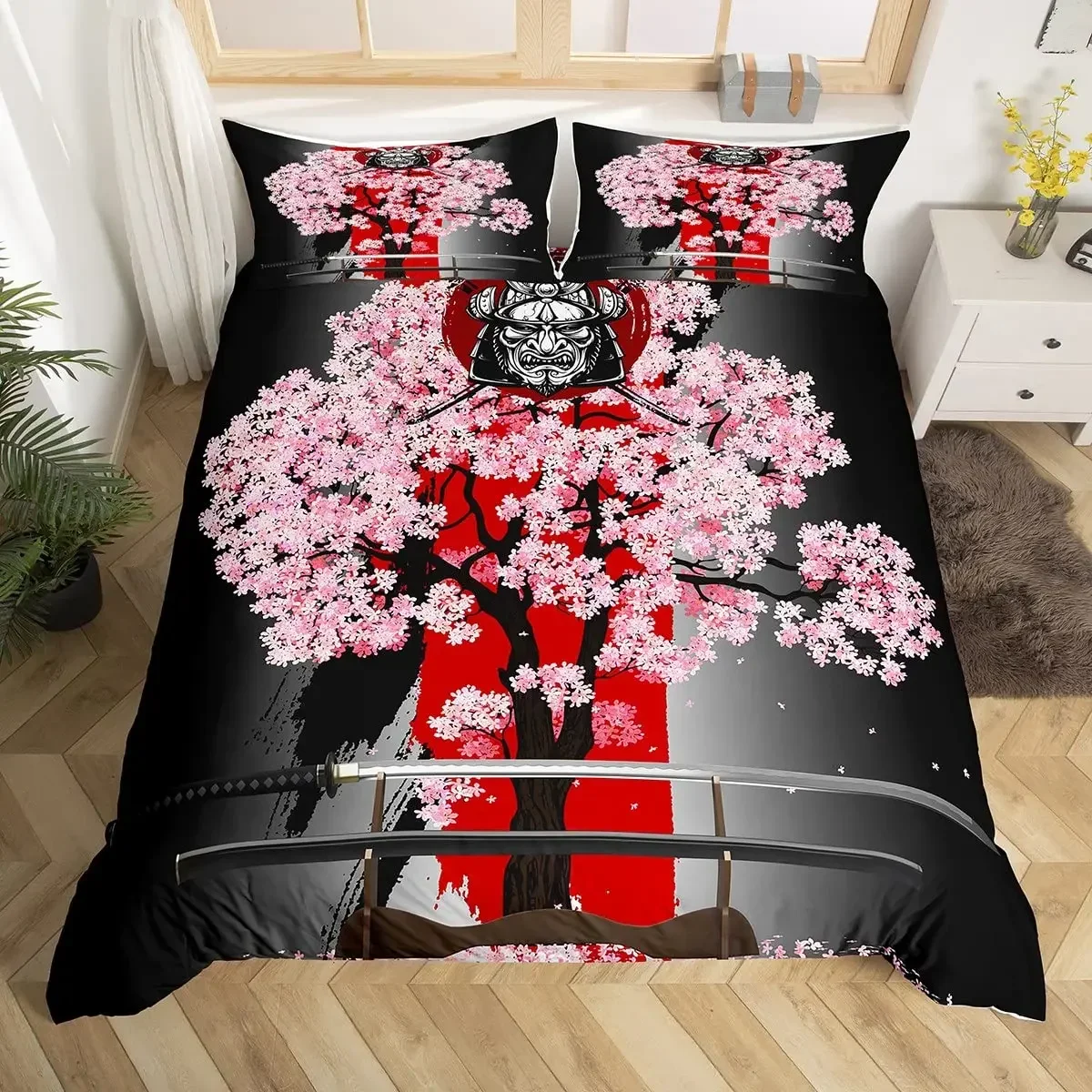 Japanese Black White Ink Style Samurai Sword Red Sakura 3D Duvet Cover Set Queen Size Bushido Culture Bedding Set Comforter Set