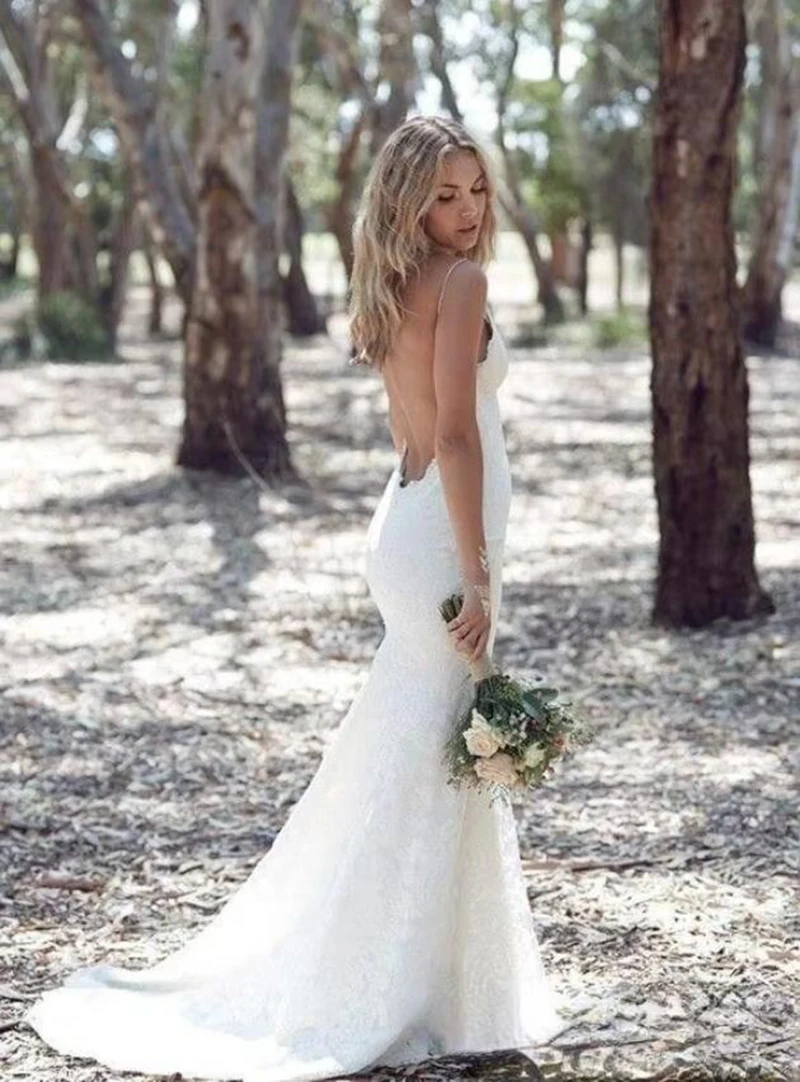 Sexy Backless Mermaid Wedding Dresses 2025 Spaghetti Strap Full Lace Wedding Dress Cheap Sweep Low Back Boho White Bridal Gowns
