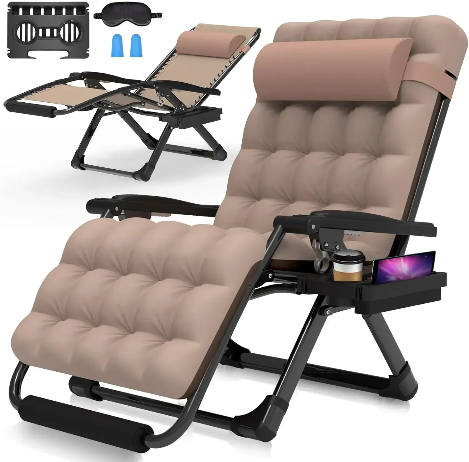 Silla de gravedad cero de gran tamaño, sillón XXL de 33 pulgadas con cojín y reposacabezas extraíbles, silla de camping reclinable con cerradura mejorada