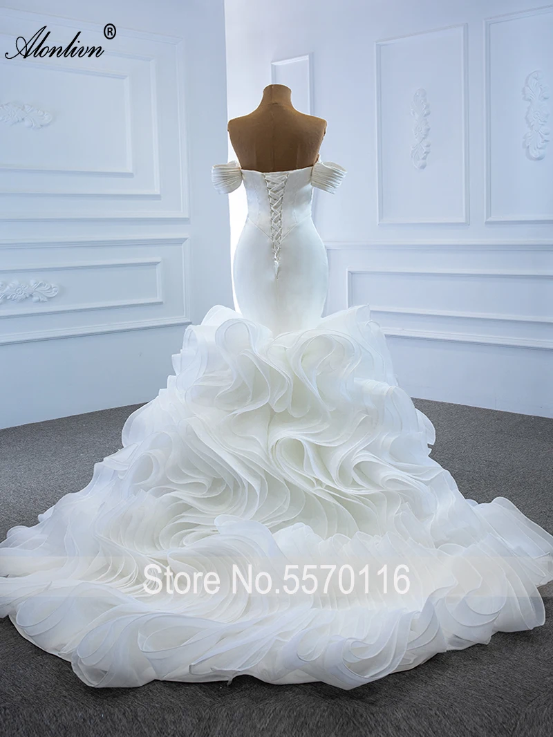 Alonlivn Real Photo Sweetheart Mermaid Weddind Dress With Tiered Ruffled Train Off Shoulder Sleeves Trumpet Bridal Gowns