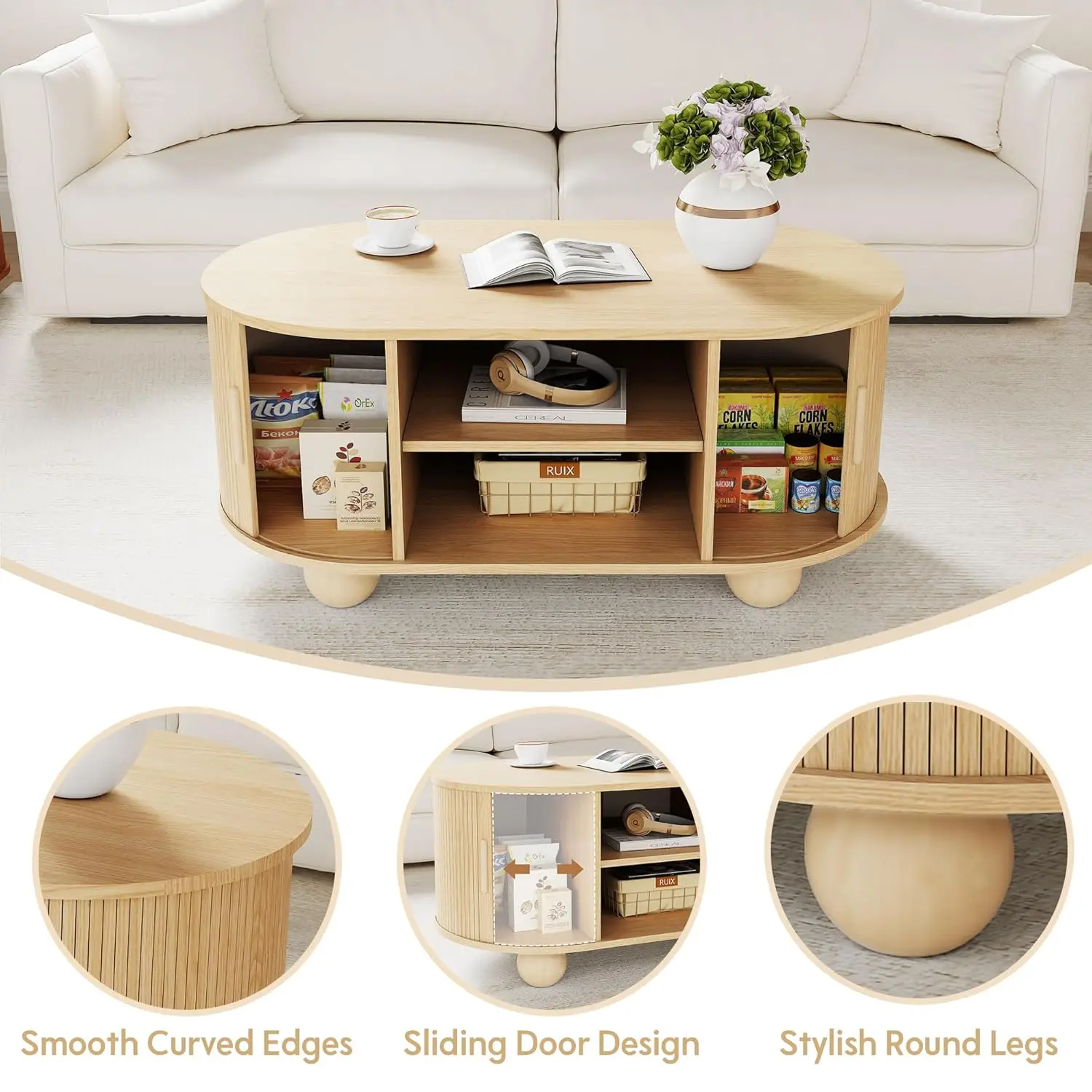 Rectangle Coffee Table, Fluted Coffee Tables For Living Room, Mid-Century Coffee Table Center Table With Storage & Sliding Doors