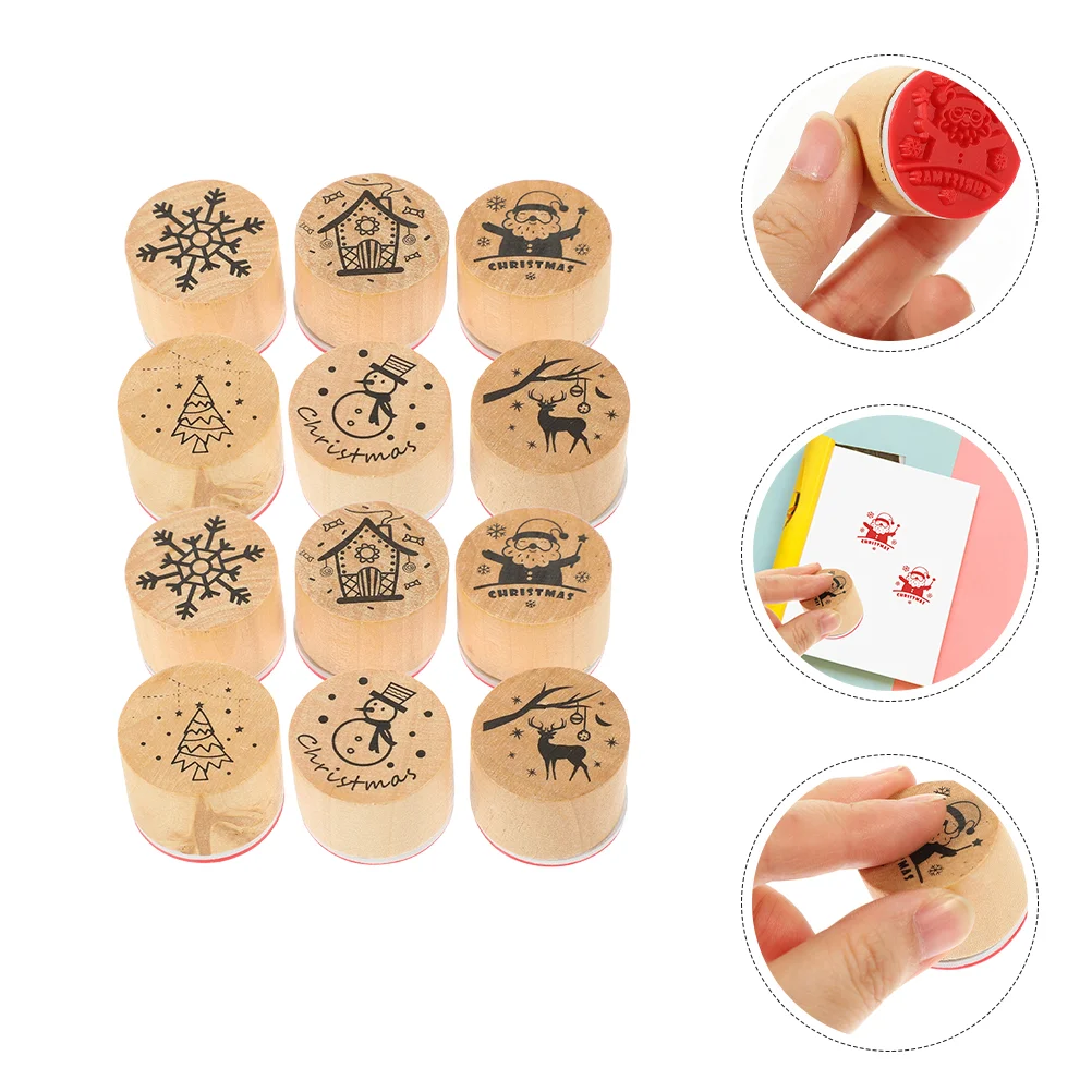 12 Pcs Seal Stamp Die Crafts Stamps Christmas for Card Making Wood Ink Portable