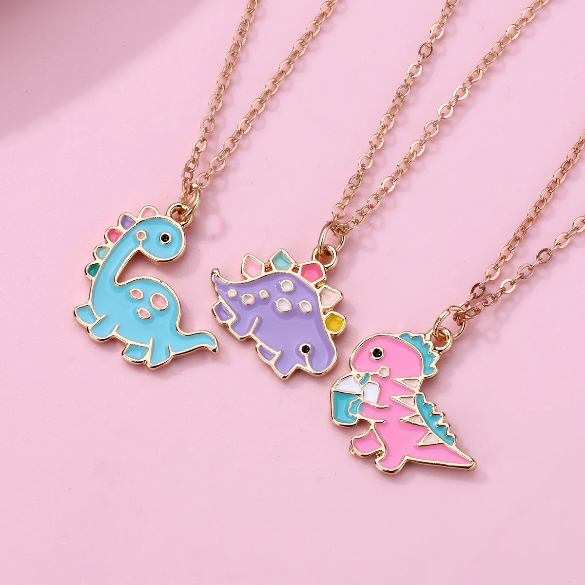 Lovecryst 3Pcs/set Cartoon Dinosaur Painted Alloy Best Friend Necklace BFF Friendship Jewelry Gifts for Kids