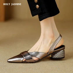 2024 Summer Women Shoes Genuine Leather Shoes for Women Pointed  Toe Chunky Heel Women Sandals Retro Cover Toe Ankle Strap Shoes