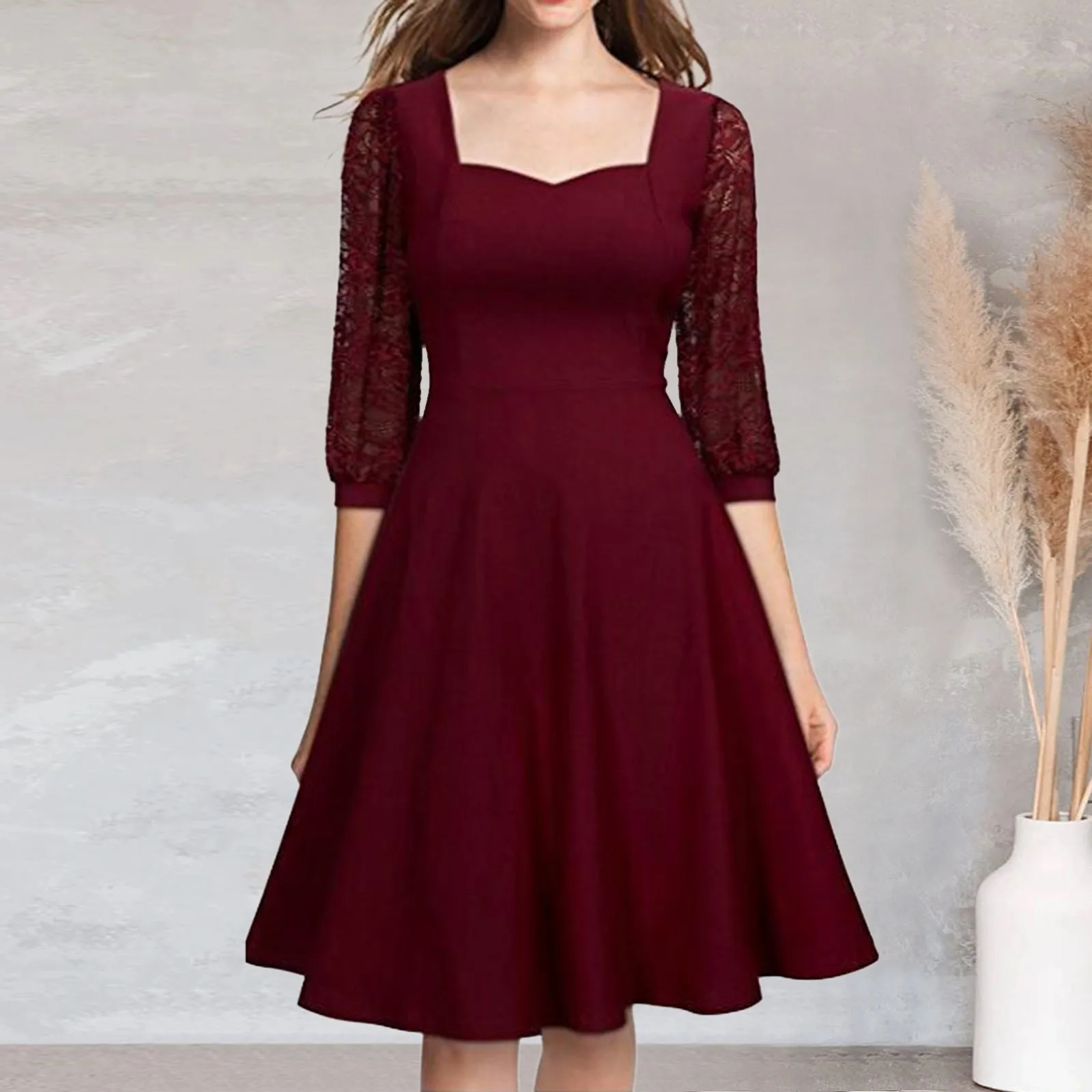 

three quarter Sleeve Wedding knee length Dress women Lace Formal Evening elegant dresses party pleated high waisted dress