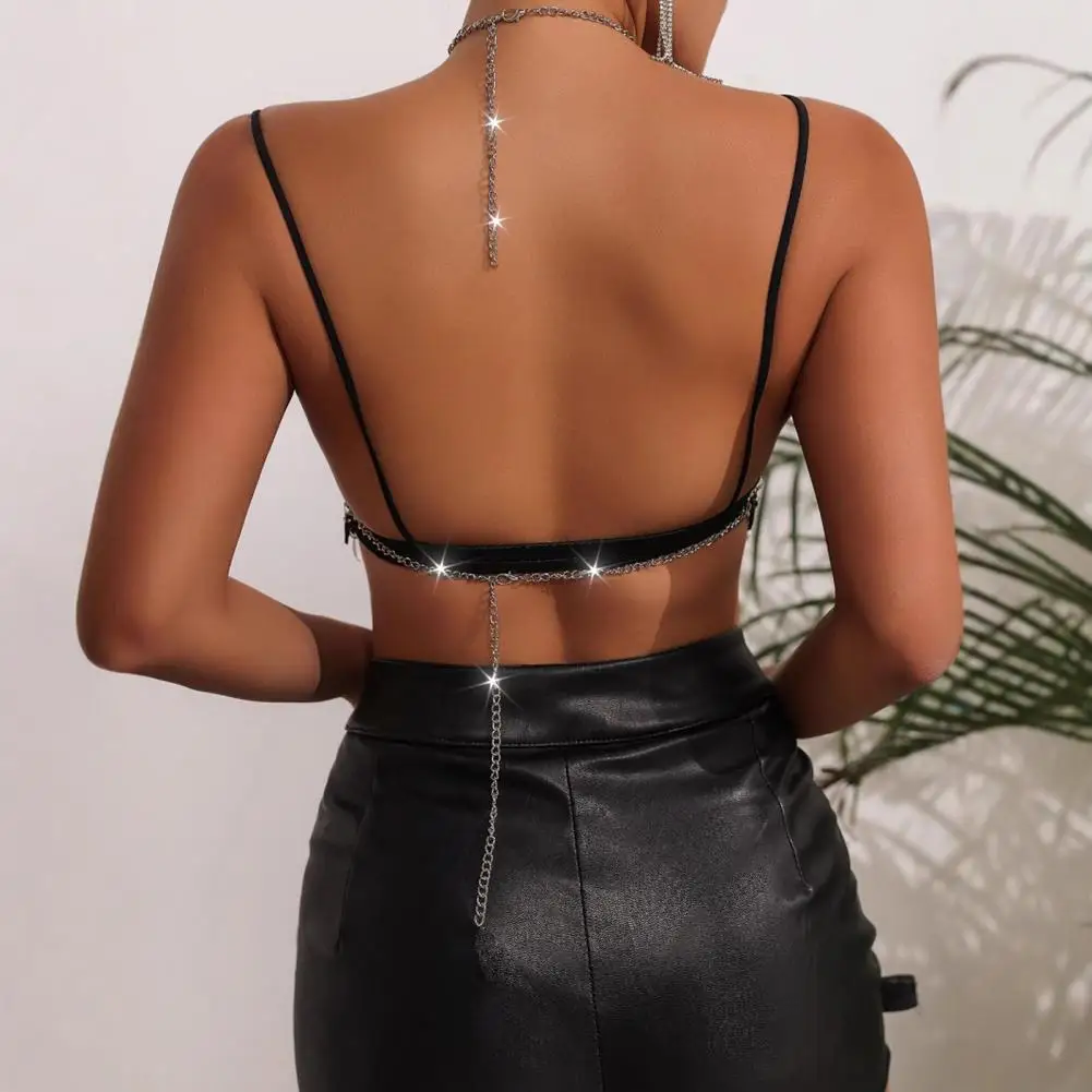 Backless Cropped Tops Sparkling Rhinestone Halter Top with Fishnet Detail Backless Design Sexy Crop Top for Women Fishnet Halter