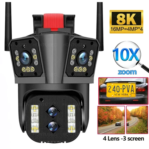 Imagen 1 del producto IPC360 HOME 8K 16MP 4 lentes 3 pantallas 10X Zoom Wifi cámara PTZ Color visión nocturna detección de movimiento IP66 sistema de cámaras de seguridad