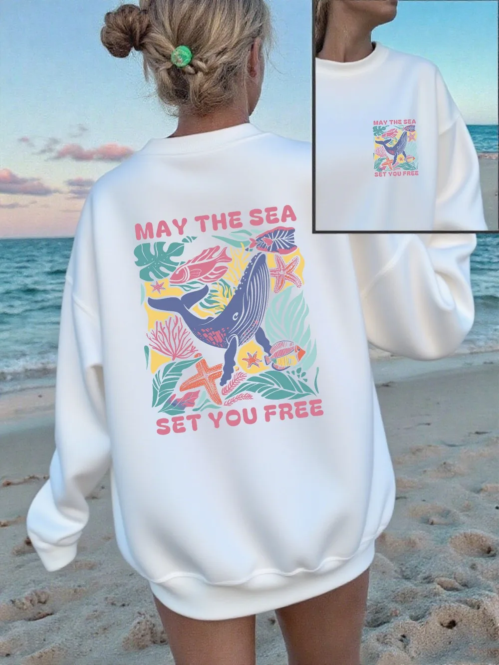 

May The Sea Set You Бесплатные толстовки с принтом, женские универсальные толстовки с круглым вырезом, свободные флисовые теплые топы, осенняя удобная одежда