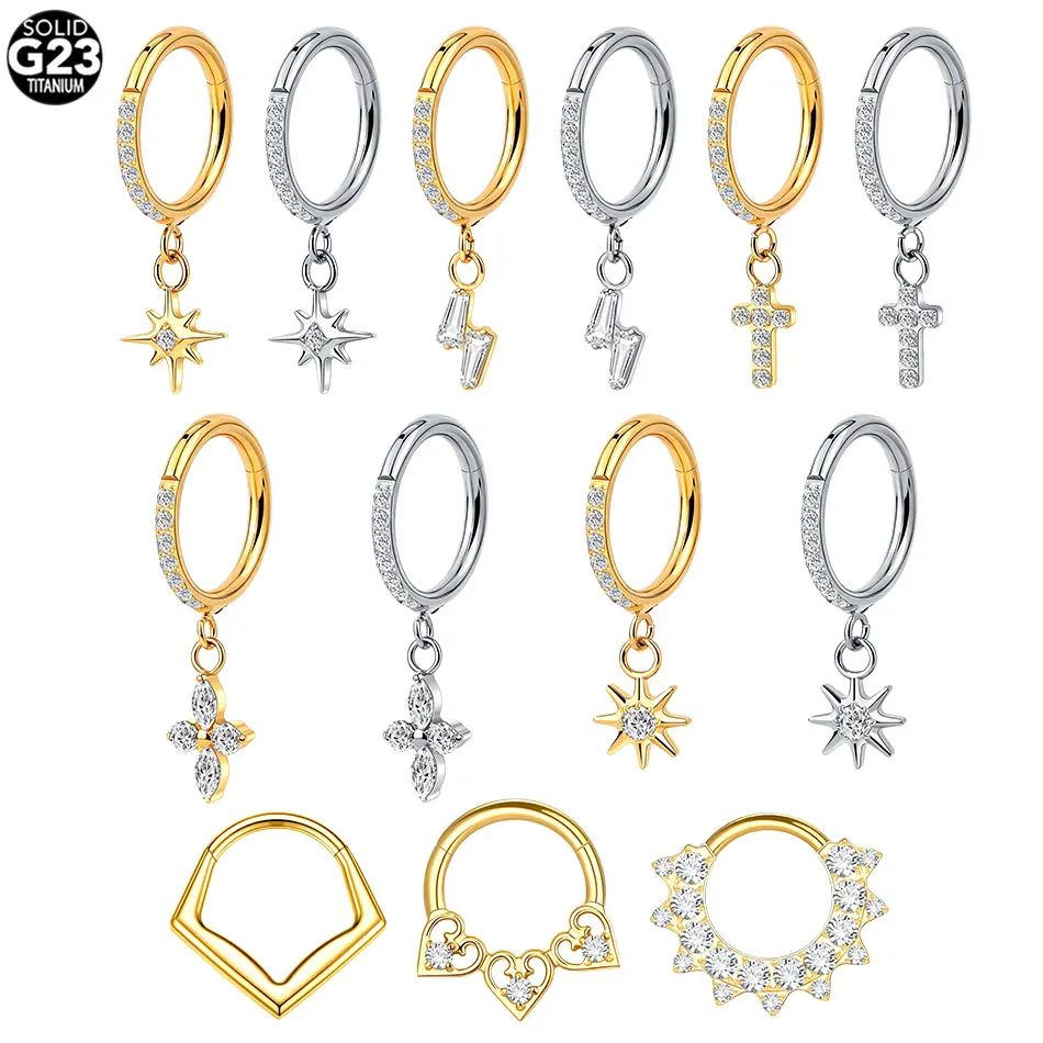 1PC ASMT G23 Pendientes de Titanio con Cruz y Zirconia Colgante de Aro Cerrado Joyería Perforada para Hombre y Mujer Anillo para Septum Nasal