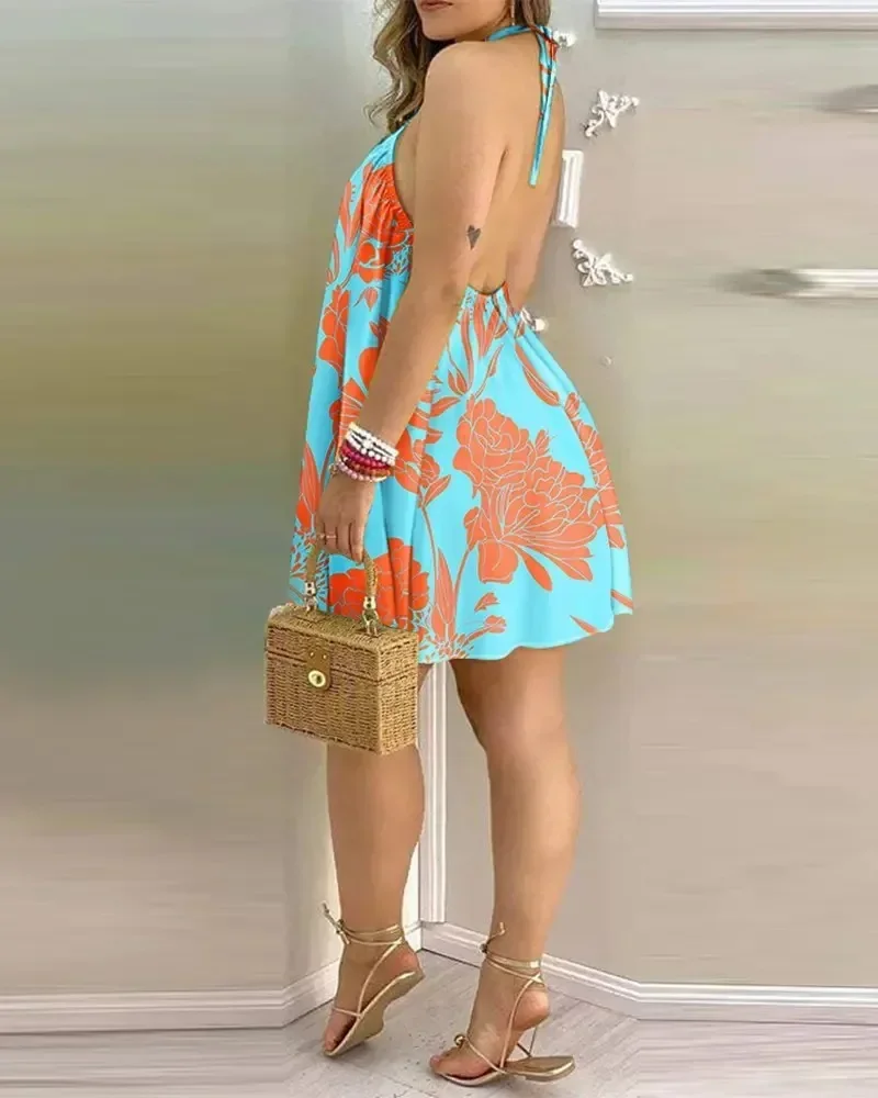 Damen-Minikleid mit Neckholder und Streifenmuster, ärmellos, locker geschnitten, lässiges Urlaubs-Swing-Kleid – Detail 8