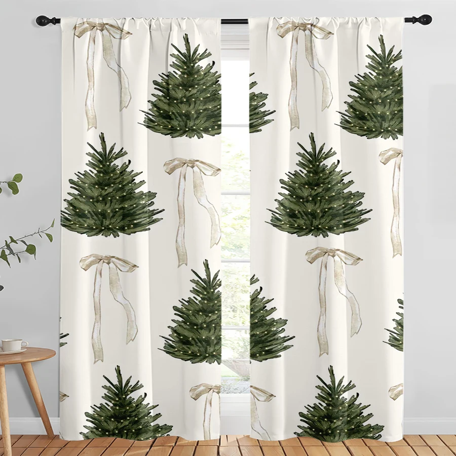 2PCS Digital Print Curtains, Watercolor Christmas Trees Beige Bow Ribbons Repeating on Cream, Soft Minimalist Style - Christmas