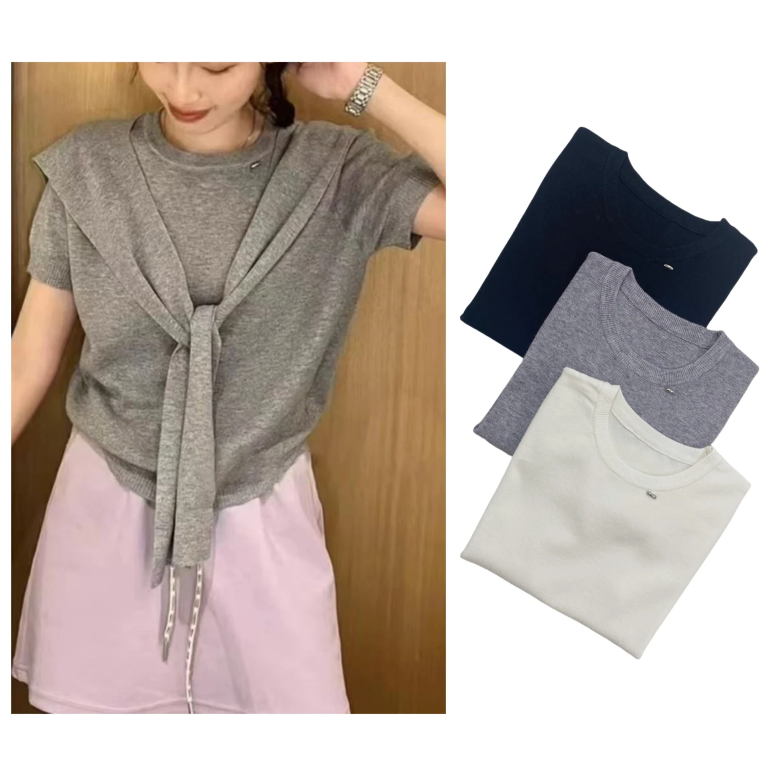 

Gray Two-Piece Knitted Top Women's Spring & Fall Shawl Black Fashion Pullover Sweater Korean Style Women's Top 2025
