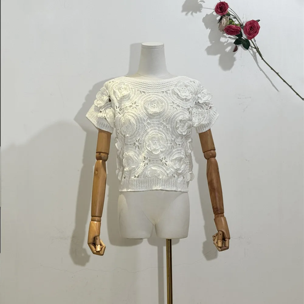 

Women Crochet Shirt Sweater Summer Floral Embroidery Short Sleeve Hollow Out Knit Tank Top Vinatage Beachwear T-Shirt