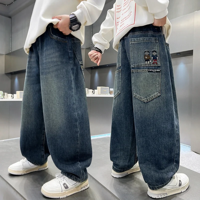 

Boys Straight Leg Jeans Cartoon Print Autumn Fashionable Casual Knitted Fabric Middle Waist Zipper Fly Easy to Wear