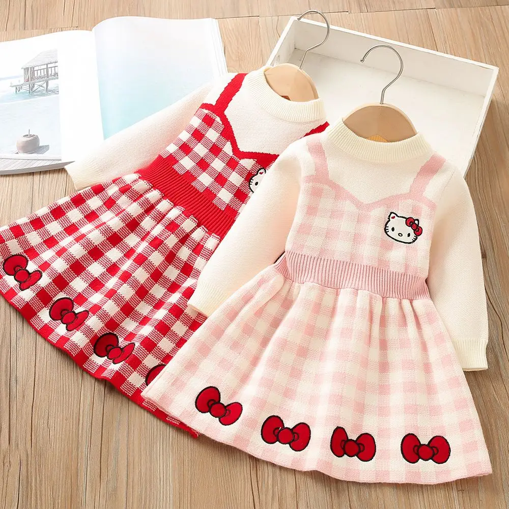 

Girls Woolen Dress 2025 Winter New Little Girl Fashionable Fake Two Piece Cartoon Embroidery Long Sleeve Checkered Knitted Skirt