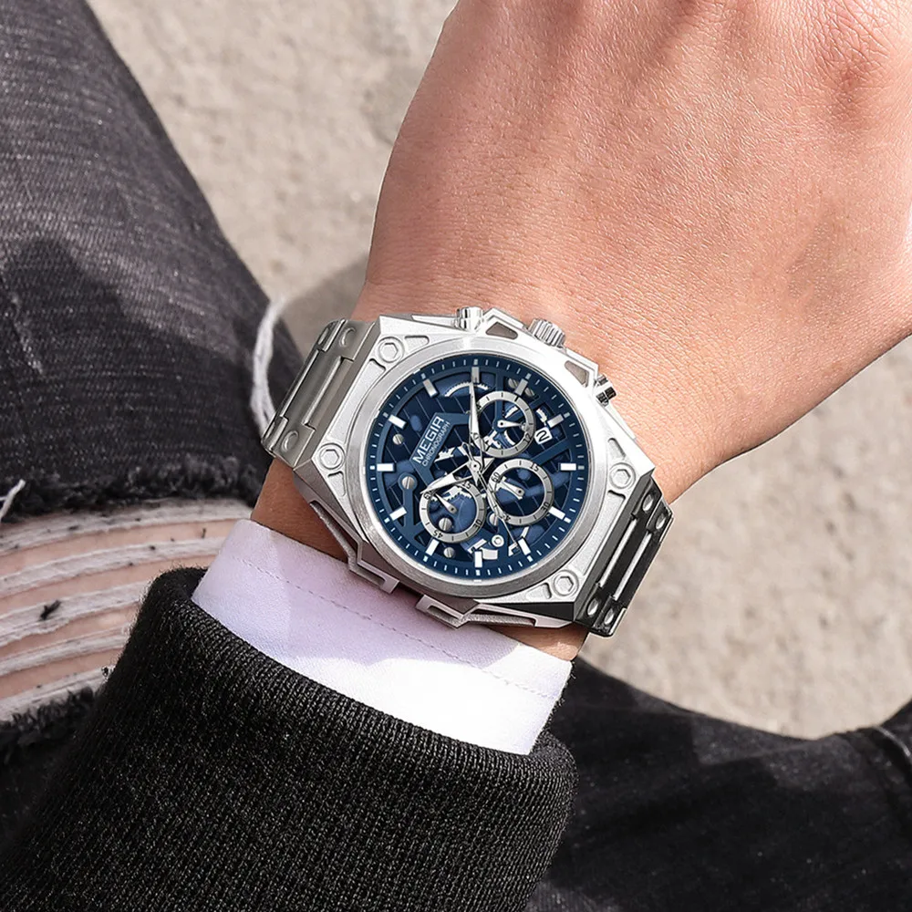 MEGIR Luxury Men Business Watch 5ATM Waterproof Quartz Chronograph Stainless Steel Case Outdoor Sport Wristwatch 24-hour Date