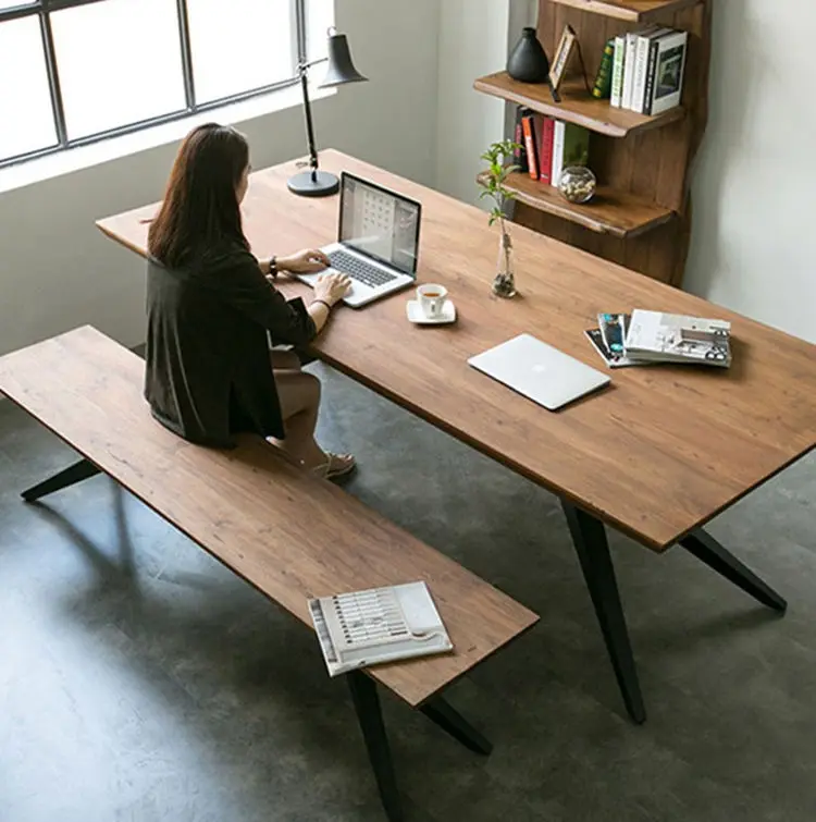 American Solid Wood Dining Table And Chair Set Simple Modern Industrial Work Table Iron Office Conference Table