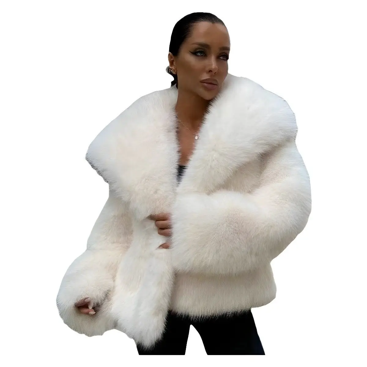 여성용 오버사이즈 인조 모피 칼라 재킷 스트리트 스타일 퍼 코트 롱 슬리브 허리 조임 유럽 스타일 겨울 아우터웨어