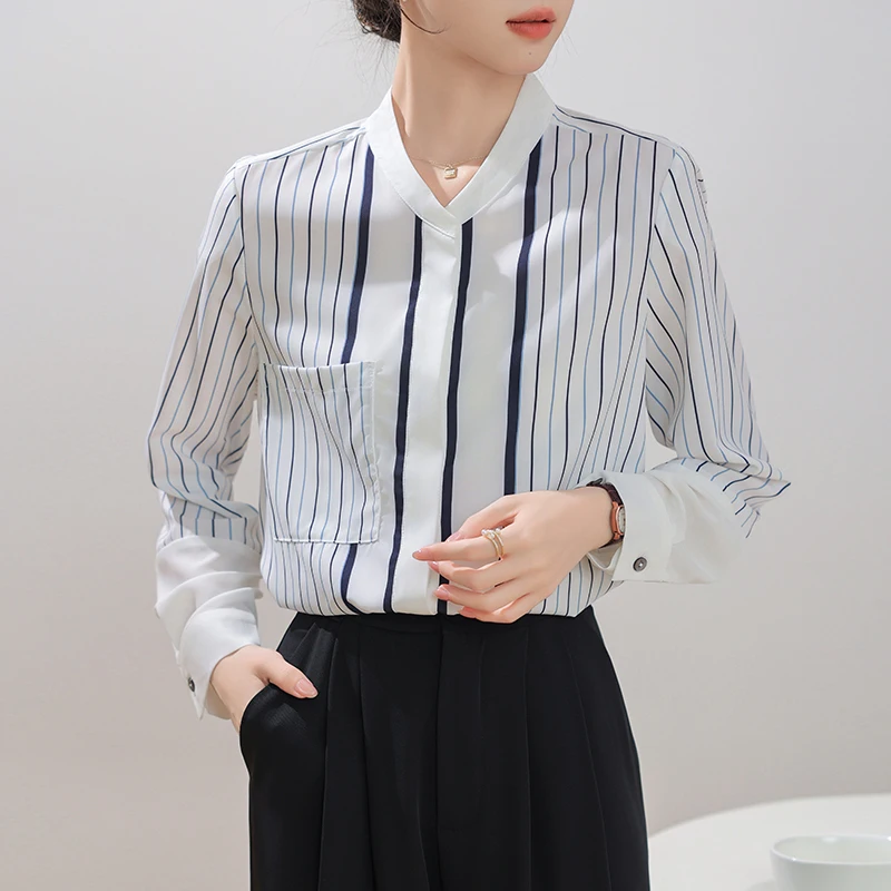 

Autumn Fashion Simplicity Striped V-neck Chiffon Shirts Temperament Commute Long Sleeve Tops Women Single Breasted Blouse