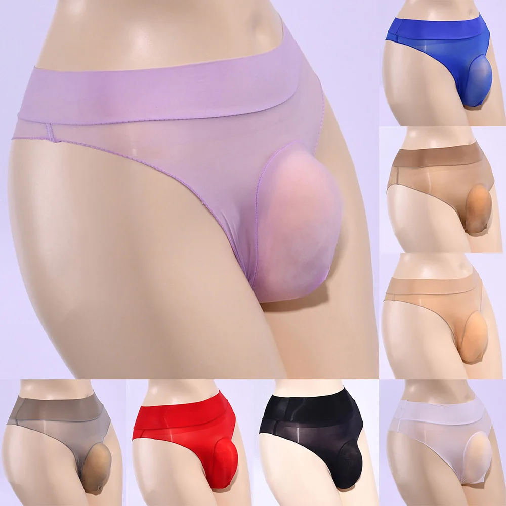 Men Underwear Erotic Lingerie Glossy Oily High Waist Low Rise Seamless Sheer Sissy Panties Swimmwear Transparent