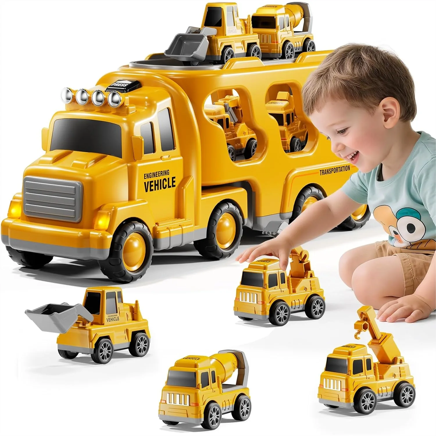 

Construction Truck Toys Set for Kids 1-8, 5-in-1 Carrier with Light & Sound, Movable Parts Toddler Toy
