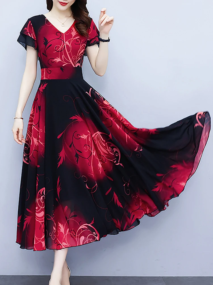 Summer Red Floral Chiffon Short Sleeve V-Neck Midi Robe Summer Vintage Elegant Prom Night Dress 2024 Bodycon Party Long Vestidos