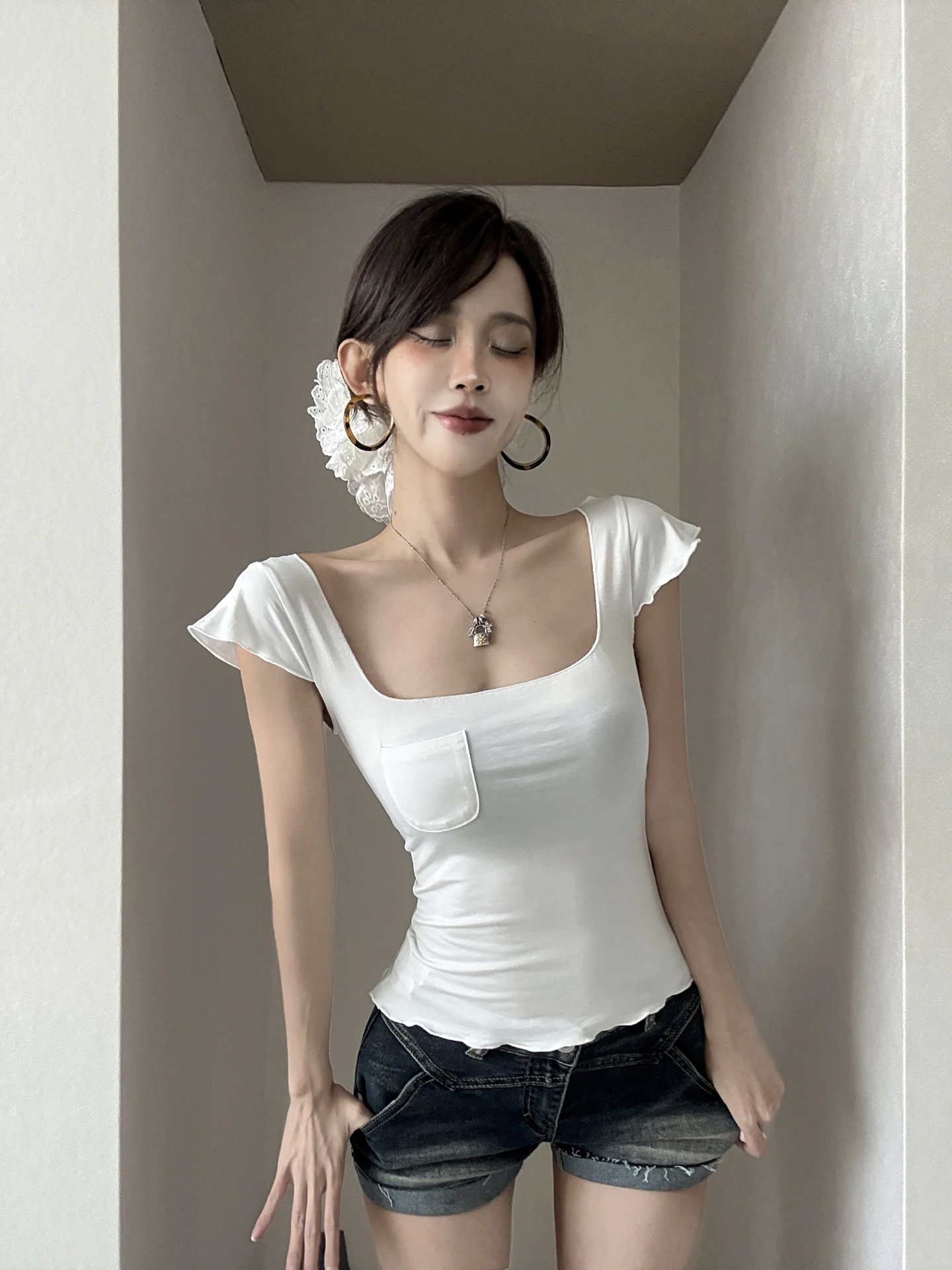 MianCun Flying Bird And Wind Pure Desire Style Women's Elastic T-shirt Square Collar Ear Mushroom Sleeve Spring Summer New Wh...
