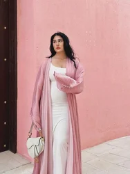 Estate Raso di Seta Aperto Kimono Abaya Dubai Lusso Abaya Musulmano per Le Donne Eid Islamico Modesto Outwear Marocchino Caftano Hijab Veste