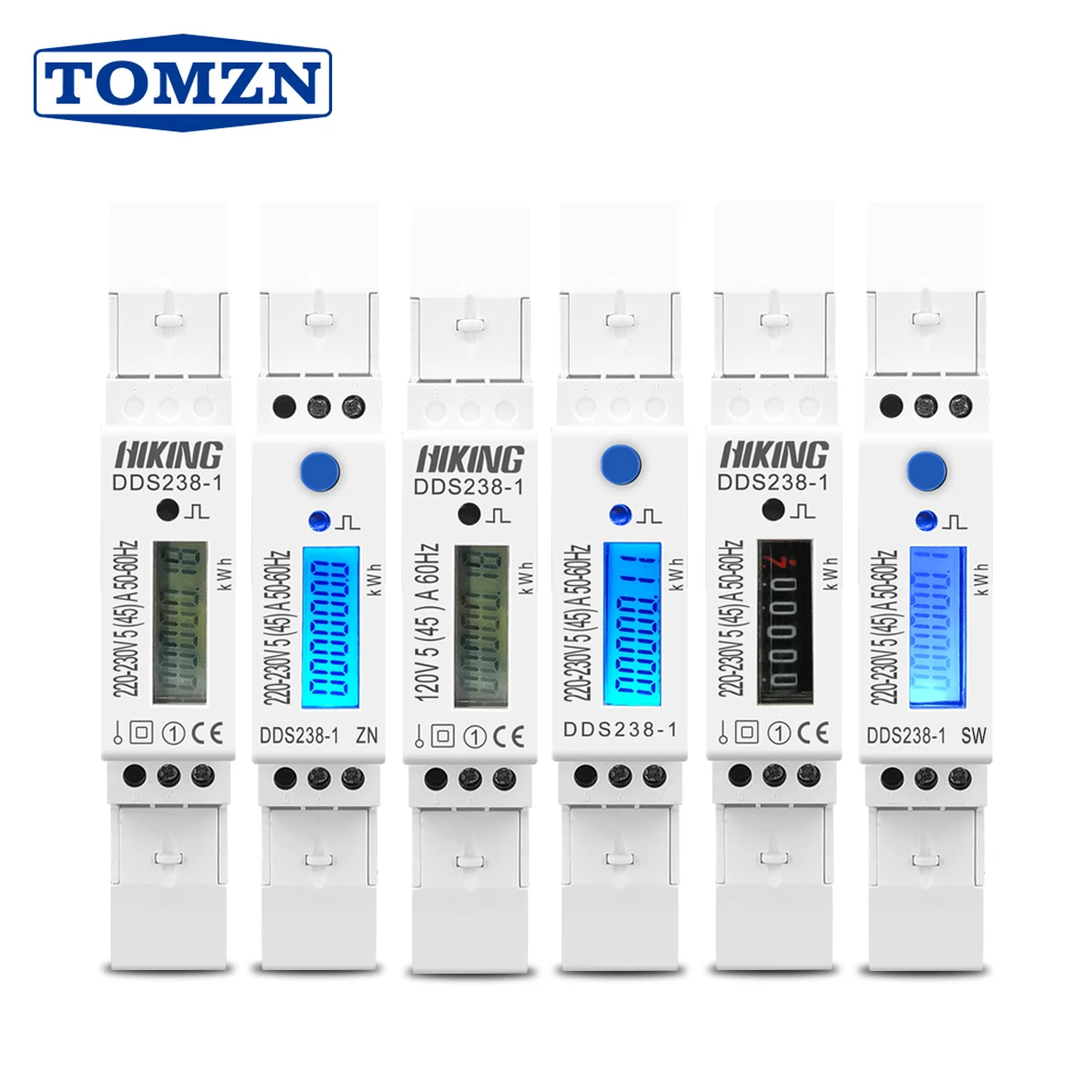 TOMZN 5(45)A 45A 220V 230V 50HZ 60HZ Wyświetlacz LCD Jednofazowy miernik energii na szynę Din KWH Wat hour din-rail blue backlight