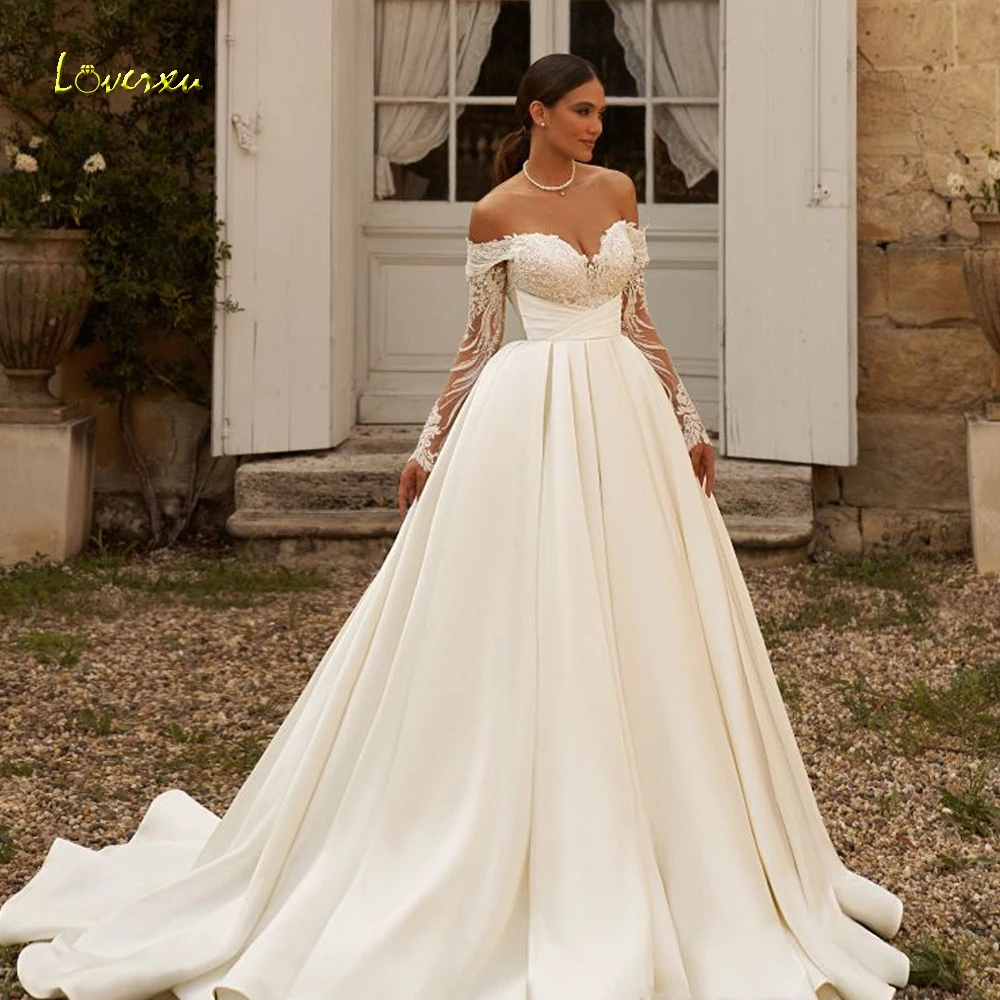 

Loverxu A-Line Elegant Wedding Dresses Sweetheart Off The Shoulder Vestido De Novia Lace Appliques Satin Custom Made Bridal Gown