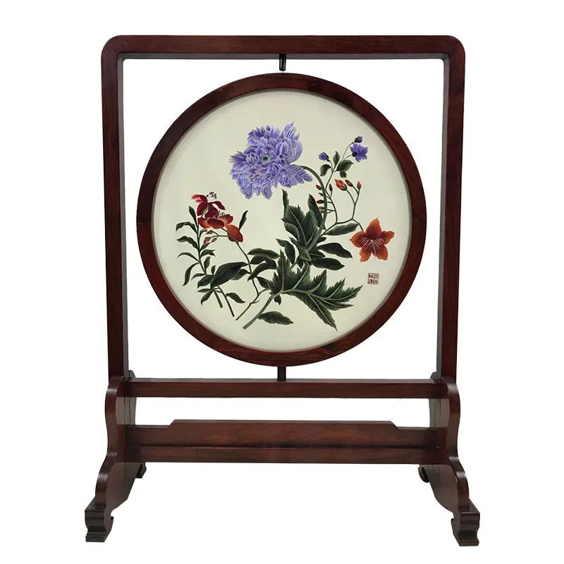Double-sided embroidery ancient style ornament mahogany frame small table silk small screen Chinese style