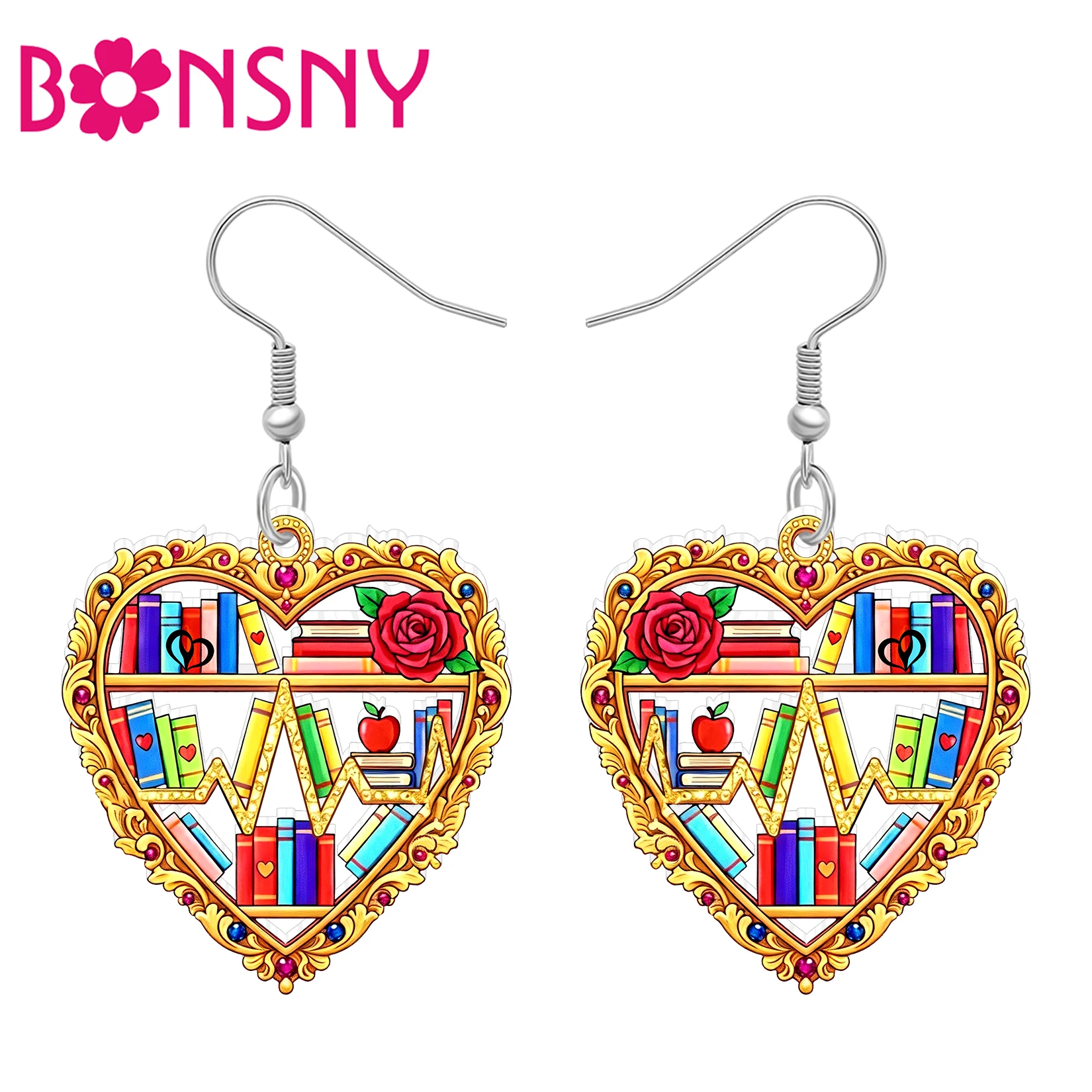 BONSNY Acrylic Golden Heart Bookshelf Earrings Dainty Rose Books Dangle Statement Jewelry Bookish Gifts For Women Book Lovers