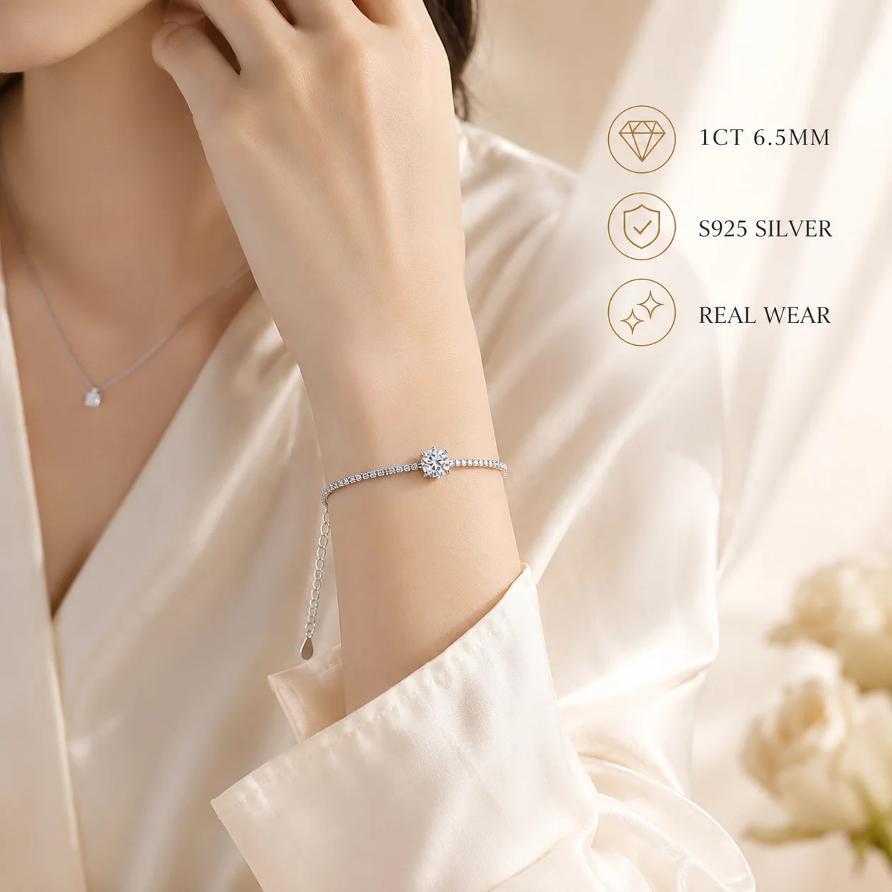 Moissanite Tennis Bracelet for Women 1CT 6.5mm Round Cut Solitaire S925 Sterling Silver Adjustable 17+4cm Anniversary Gift