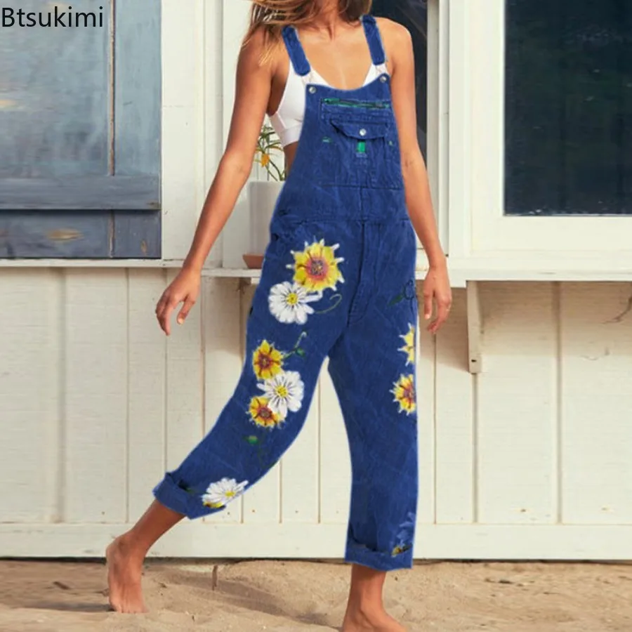 New 2024 Flower Print Suspender Trousers for Women Denim Bib Pants Females Fashion Casual Streetwear Women's Overalls Jumpsuits