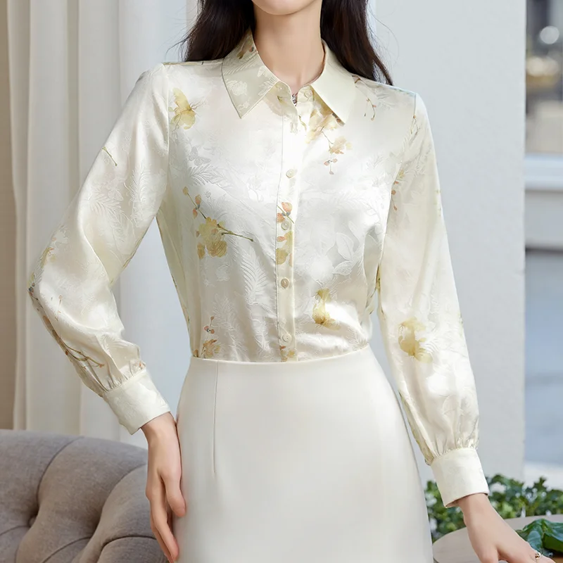 

Silk Satin Shirts Women Long Sleeve Turn-Down Collar Buttons Tops Blouse Printed Flower Summer Shirts Female