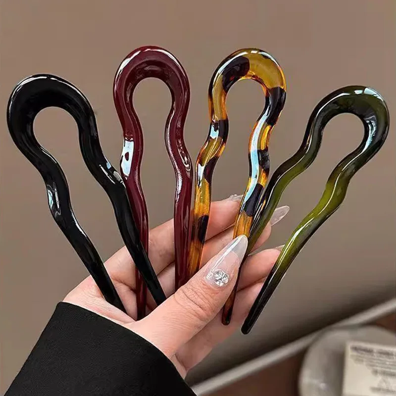 Elegant U-Shaped Hair Fork Acetate Fashion Geometric Design Sticks Tortoiseshell Hairpin Women Girls Headwear Accessories