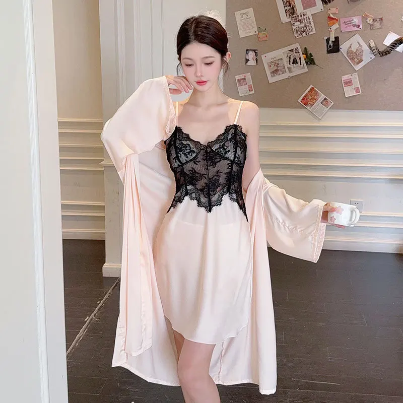 

Robe Set 2PCS Women Lace Kimono Nightgown Lingerie Silky Satin Sleepwear Summer Rayon Bathrobe Gown Suit Loungewear