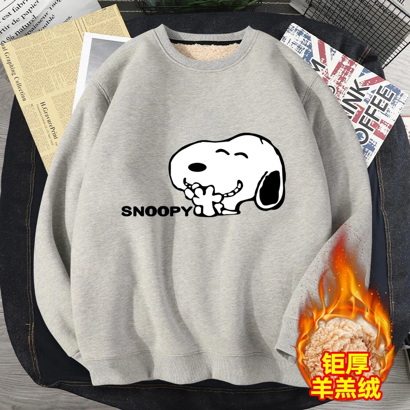 Snoopy Women Fleece Sweatshirt Winter Crew Neck Pullover Ladies Cartoon Thicken Sweatshirt Cute Female Loose Sport  Streetwear