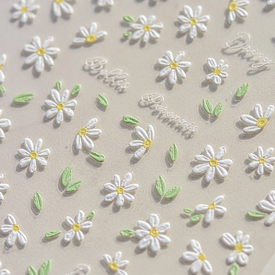 1pc White Daisy Flower Embossed 3D Sticker Spring Summer Nail Stickers Nail Art Decoration Manicure DIY Decals