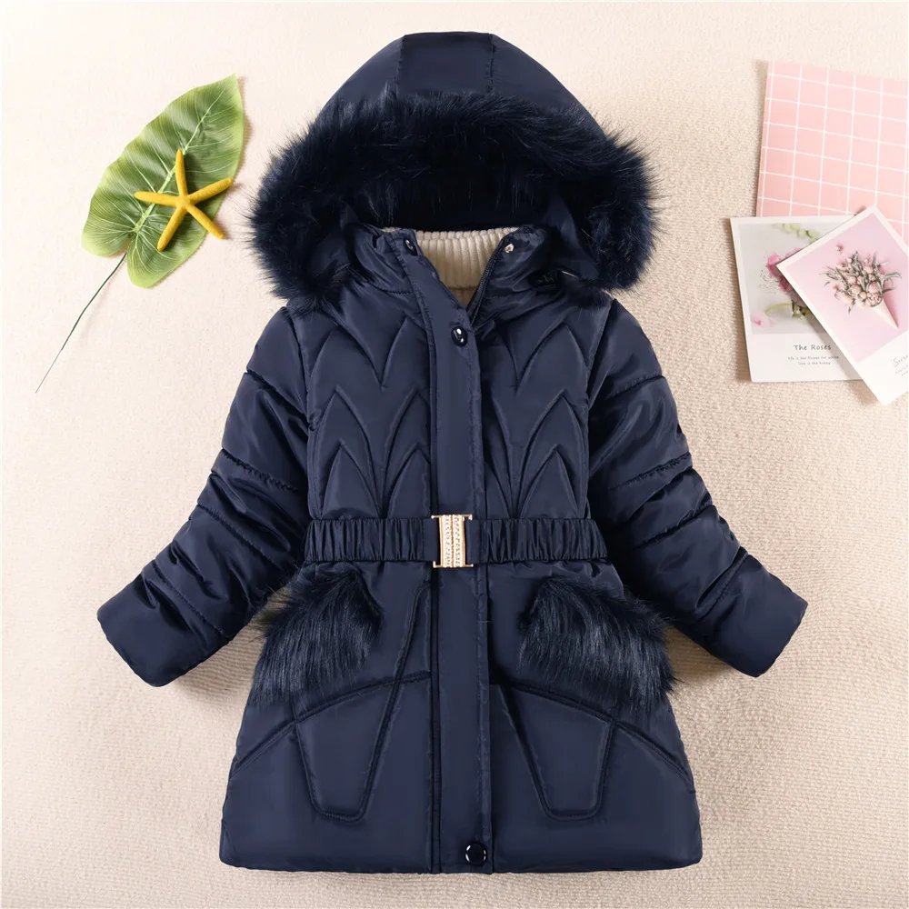 2024 New Winter Keep Warm Girls Jacket Waist Belt Design Detachable Hat Lining Plush Hooded Heavy Coat For Kids